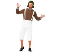 Remimi Mens Halloween Chocolate Factory Worker Costume Cosplay Outfits Brown Shirts White Jumpsuit Pants, Brown & White, Medium