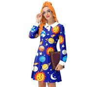 Remimi Women Halloween Costume Peter Pan Collar Long Sleeve Solar System Printed Cosplay Dresses, Blue, Large