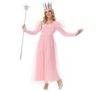 Remimi Women Halloween Witch Costume Kind Galinda Movie Cosplay Outfits Puffed Sleeves Pink Princess Dress S