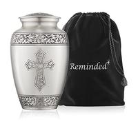 Reminded Adult Cremation Memorial Urn for Human Ashes, Pewter Etched Cross Brass Funeral Urn with Velvet Bag