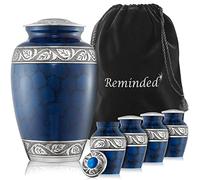 Reminded Set of 5 Etched Cremation Urns for Human Ashes - 1 Adult + 4 Keepsake Token Size, Blue