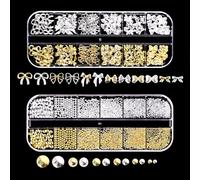 REMMUSSS Art Nail Charms, 2 Box 24 Grids Gold Silver Nail Art Caviar and Alloy Multi Shapes with Bow, 3D Nail Rhinestones, DIY Punk Rivet Manicure Beads, Jewels Decoration for Women Manicure