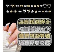 REMMUSSS Art Nail Charms, 2 Box 24Grids Gold Silver Nail Charms, Alloy Multi Shapes with Bow, Rose, Hearts, Star, 3D Nail Supplies DIY Punk Rivet Manicure Beads Jewels Decoration for Women Manicure