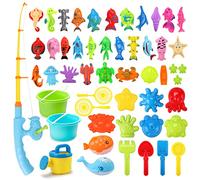 REMOKING 2 IN 1 Magnetic Fishing Toys Game & Beach Toys Set for Kids,Sand Toys for Toddlers W/Bucket,Sand Molds,Sand Shovel Tools,Fishing Games for Baby Bath Toys,Outdoor Toys for kids 3-10 Age