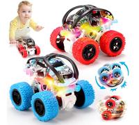 REMOKING 2 Pack Push and Go Inertia Cars,4 WD Light Up 360°Rotation Monster Truck, Friction Powered Car Toys for 2 3 4 5 6 Year Old Boys,Toddler Game for Kids Age 3-5 Christmas Birthday Party Gift