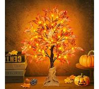 Remon 24 Inch Lighted Fall Maple Tree - 2FT Thanksgiving Tabletop Lamp Decor with 36 LED Lights, 72 Maple Leaves, 6 Acorns, Timer, Burlap Base, Battery Operated Fall Artificial Tree for Indoor