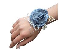 Remorui Artificial Flower Corsage Rose Wrist Corsage Boutonniere Elegant Wedding Flower Accessories Wrist Flower Corsage Light Blue Hand Flower