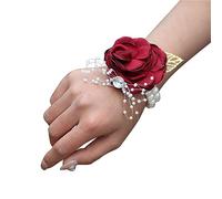 Remorui Artificial Flower Corsage Rose Wrist Corsage Boutonniere Elegant Wedding Flower Accessories Wrist Flower Corsage Wine Red Hand Flower