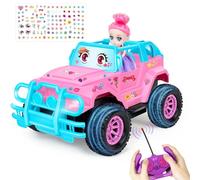 Remote Control Car- RC Truck with DIY Stickers Age 3+ and Doll for Kids Girls Birthday, 1:20 Scale RC Truck Full Functions Creative Racing Car for Toddlers Kids Indoor Outdoor Games, Pink