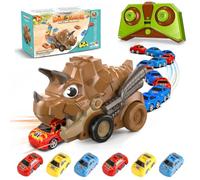 Remote Control Dinosaur Monster with 6 Magnetic Cars, 2 Speeds, for 3+ | Rechargeable dinosaur toy, music on/off, 2.4GHz remote, magnetic car train play, perfect stocking filler for 3-6 year olds