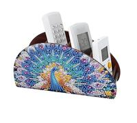 Remote Control Holder with 4 Compartments, DIY Diamond Art Painting Wooden Half Moon TV Control Holder for Remote Controllers, Office Supplies, Makeup Brush, Media Accessories-Peafowl