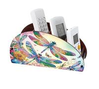 Remote Control Holder with 4 Compartments, DIY Diamond Art Painting Wooden Half Moon TV Control Holder for Remote Controllers, Office Supplies, Makeup Brush, Media Accessories-Dragonfly