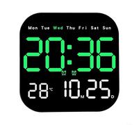 Remote Control Large Digital Wall Clock Displaying Time, Temperature, Date and Day of Week with Adjustable Brightness Levels (Green)