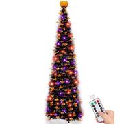 [Remote Control & Timer] 6 Ft 60 LED Tinsel Halloween Tree Decor with Orange & Purple Lights 8 Modes Black Christmas Tree Pumpkin Battery Operated Pop Up Artificial Tree Indoor Outdoor Decorations