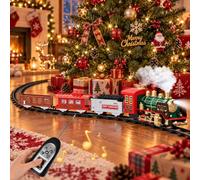 Remote Control Train Set with Steam,Lights & Sound Under The Christmas Tree | 30-Min Rechargeable Battery, Real Steam Smoke Effect, Flashing Lights & Sound, 27MHz Remote, Christmas Birthday gifts