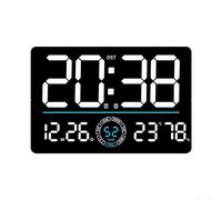Remote controlled digital LED wall clock featuring time, temperature, date, alarm, and week display with adjustable brightness and countdown timer functions (White)