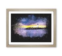 Remote Lighthouse & Seascape Paint Splash Modern Art Framed Print | A4 Oak Framed Wall Art | Ready to Hang | Modern Cityscape Picture | Living Room Bedroom Lounge Office