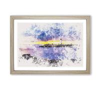 Remote Lighthouse & Seascape Watercolour Framed Print | A2 Oak Framed Wall Art | Ready to Hang | Modern Cityscape Picture | Living Room Bedroom Lounge Office