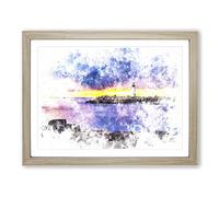 Remote Lighthouse & Seascape Watercolour Modern Framed Wall Art Print, Ready to Hang Picture for Living Room Bedroom Home Office Décor, Oak A3 (46 x 34 cm)