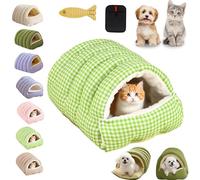 Removable and Washable Winter Closed-off Cat Bed, Cozy Monster Cat Bed, Soft Plush Winter Cave Style Pet Beds, Warm Cats House Tent Beds in Indoor for Cats, Kittens And Small Dogs (Green Check,M)