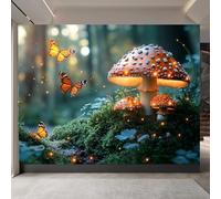 Removable Mural Mushrooms 300x210cm, Butterflies DIY Waterproof Decorative Wallpaper, Plants Insects Modern Mural Wallpaper for Living Room Bedroom Kitchen Office