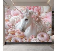 Removable Mural White Unicorn 200x140cm, Pink Donut Dessert DIY Waterproof Decorative Wallpaper, Animal Modern Mural Wallpaper for Living Room Bedroom Kitchen Office