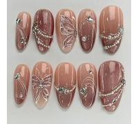 Removable Nails - 30pcs Galaxy Gradient Cateye Effect Butterfly Lines Rhinestone Beads INS European Style With Glue