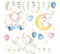 Removable Nursery Decal with Cute Baby Elephants, Flowers, Foliage, and Moon for Kids' Rooms