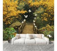 Removable Poster Wall Covering 200x140 cm Forest Wooden Bridge Flying Birds Premium Non-Woven Art Photo Wallpaper Green for Living Room Home Bedroom Kitchen Decoration Wall Paper Mural