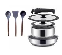 Removable Smart Handle Cookware Set 8 Piece, Stackable Camping Cookware Set, Space Saving Pots and Pans, Stainless Steel Kitchen Set, 28cm Deep Frying Pan 4.5L, 20cm Saucepan 2L