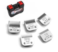 Removable stainless steel blades for dog grooming, compatible with And*s/Oster-A5/Heiniger/Moser Max 50/Wahl Series KM10, sizes 10/7F/5F/4F/3F, 5 pieces.