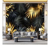 Removable Wallpaper Modern Luxury Palm Leaf Theme, Black Renter Friendly Waterproof Non-Woven Photo Wallpaper, Wallpapers for Bedroom Living Room Children's Room 150 x 105 cm