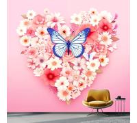 Removable Wallpaper Romantic Heart-Shaped Floral Butterfly Theme, Pink Renter Friendly Waterproof Non-Woven Photo Wallpaper, Wallpapers for Bedroom Living Room Children's Room 400 x 280 cm