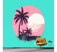 Removable Wallpaper Simple Style Tropical Coconut Trees Theme, Blue Green Pink Renter Friendly Waterproof Non-Woven Photo Wallpaper, Wallpapers for Bedroom Living Room Children's Room 250 x 175 cm