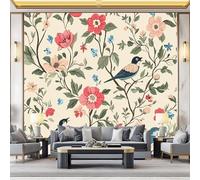 Removable Wallpaper Vintage Romantic Floral Birds Theme, Cream Renter Friendly Waterproof Non-Woven Photo Wallpaper, Wallpapers for Bedroom Living Room Children's Room 350 x 256 cm