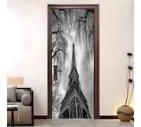 Removable Waterproof Door Sticke 82x200 cm Tower in The Woods Self-Adhesive Door Murals PVC Grey Suitable for Adults, Children, Bedroom, Home Decoration