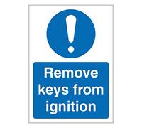 Remove keys from ignition mandatory safety sign - Size 100mm x 140mm - Self adhesive vinyl sticker - Denotes specific actions that must be adhered to (10)