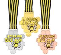 Remuuly 3 Pcs Spelling Bee Honeycomb Medal Spelling Bee Award Medals with Neck Ribbon Gold Silver Bronze Spelling Bee Trophy for Kids Adults Competitions Party Supplies
