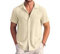 Remxi Mens Short Sleeve Shirts Casual Textured Summer Holiday Beach Tops | Vertical Cable Textured Fabric, Stretch Breathable Button Down Polo Shirt, Lightweight Solid Color Summer Casual Top for Men