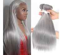 REMY HAIR FASHION Brazilian Remy Human Hair Extensions Grey 3 Bundles Grade 9A 100% Color for Women Black