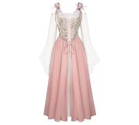 Ren Faire Viking Dress for Women UK Long Sleeve Witchy Dress with Pockets Pink 12