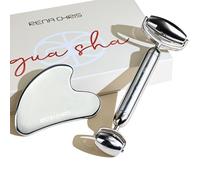 Rena Chris Gua Sha, Anti-Breakage Stainless Steel Face Roller and Gua Sha Set for Long-Lasting Use, Jawline Sculpting and Puffiness Reducing, Ideal for Gift and Self Care (Silver)