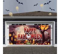 Renaiss 13x6ft Happy Halloween Garage Door Banner Cartoon Wizard Halloween Garage Door Cover Witch Haunted House Eyeball Crucible Garage Door Backdrop Evil Pumpkin Spooky Trees Halloween Party Banner