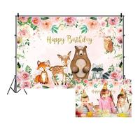 Renaiss 5x3ft Happy Birthday Baby Shower Backdrop Cute Woodland Animal with Pink Orange Floral Background Baby Birthday Party Cake Table Decoration Photo Booth Banner Props Supplies