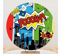 Renaiss 6x6ft Superhero Round Backdrop for Photoshoot Boy Girl Portrait Cityscape Skyscraper American Comic Circle Photography Background Baby Shower Newborn Birthday Party Decor Photo Booth Prop