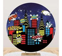 Renaiss 7.2x7.2ft Superhero Round Backdrop Cover for Photoshoot Kids Boys Portrait Starry Sky Bomb Skyscraper Circle Photography Background Newborn Baby Shower Birthday Party Decor Photo Booth Props