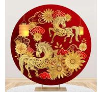 Renaiss 7.5x7.5ft Year of The Horse Round Backdrop Cover Happy Chinese New Year Circle Background Lucky Cloud Flower Lantern Chinese Birthday Wedding Spring Festival Party Decor Arch Photo Booth Prop