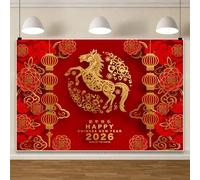 Renaiss 7x5ft Chinese New Year Backdrop 2026 Lunar Year of The Horse Golden Horses Lanterns Flowers Red Spring Festival Photography Background for Asian Traditional Holiday Photo Booth Props