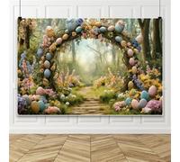 Renaiss 7x5ft Happy Easter Day Backdrop Colorful Eggs Arch Tree Enchanted Forest Photography Background Spring Flowers Fairy Tale Wonderland Easter Party Decors Kids Portrait Photo Booth Props