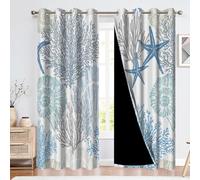 Renaiss Blue Teal Coastal Starfish Blackout Curtains for Bedroom Nautical Ocean Beach Theme Seashell Coral Grommet Thermal Insulated Window Drapes for Living Room Curtains 2 Panels Set, 42x63 Inch